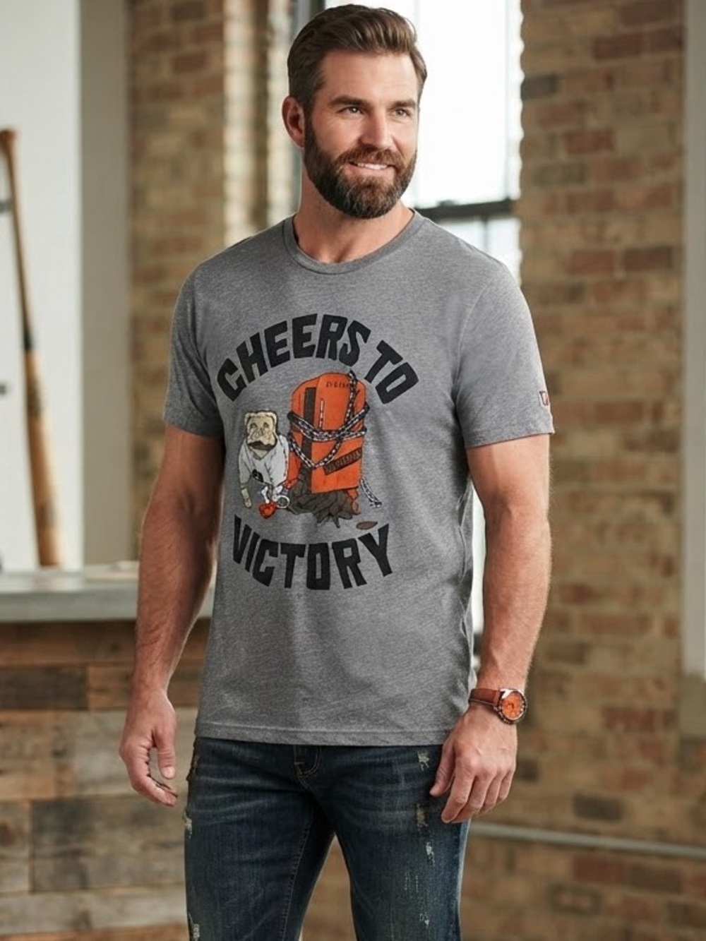HOMAGE Cleveland Browns Gray 'Cheers to Victory' Graphic Tee with Orange Accent
